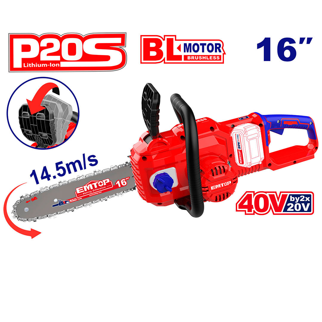 MOTOSIERRA INALAMBRICA ESPADA DE 16 PULGADAS, 20 VOLTIOS, BRUSHLESS, SIN BATERIA NI CARGADOR. MARCA EMTOP, ELGA40168