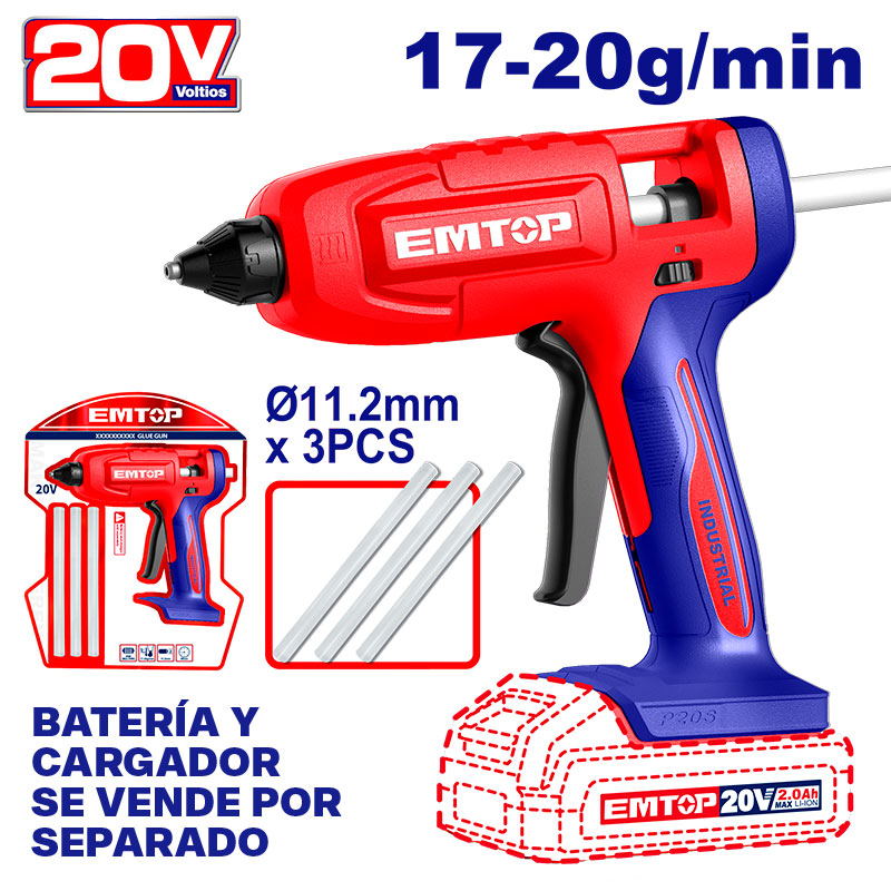 PISTOLA DE SILICON INALAMBRICA 20V. DIAMETRO DEL SILICON 11.2MM, SIN CARGADOR NI BATERIA. BARE TOOL. EMTOP, ELGG2003