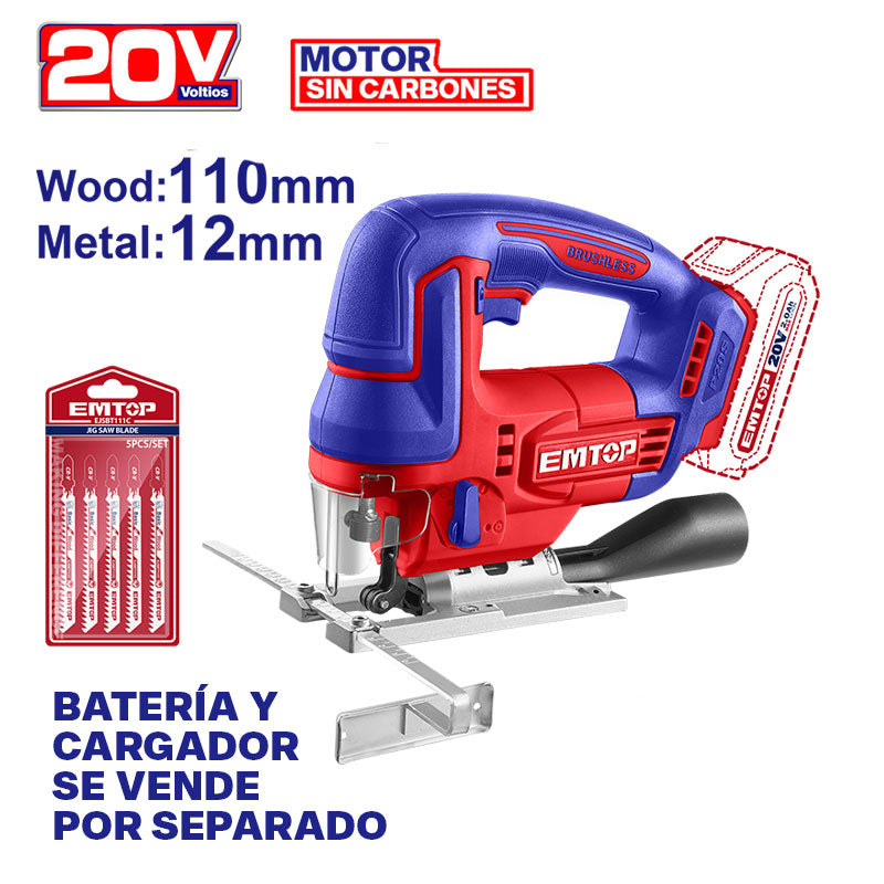 Sierra caladora inalámbrica de 20 voltios, Emtop, ELGS201008