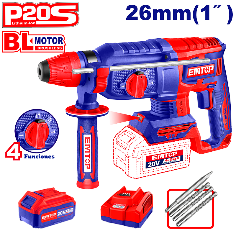 Rotomartillo inalámbrico de 20 voltios con 1 batería y cargador Emtop ELRH20268