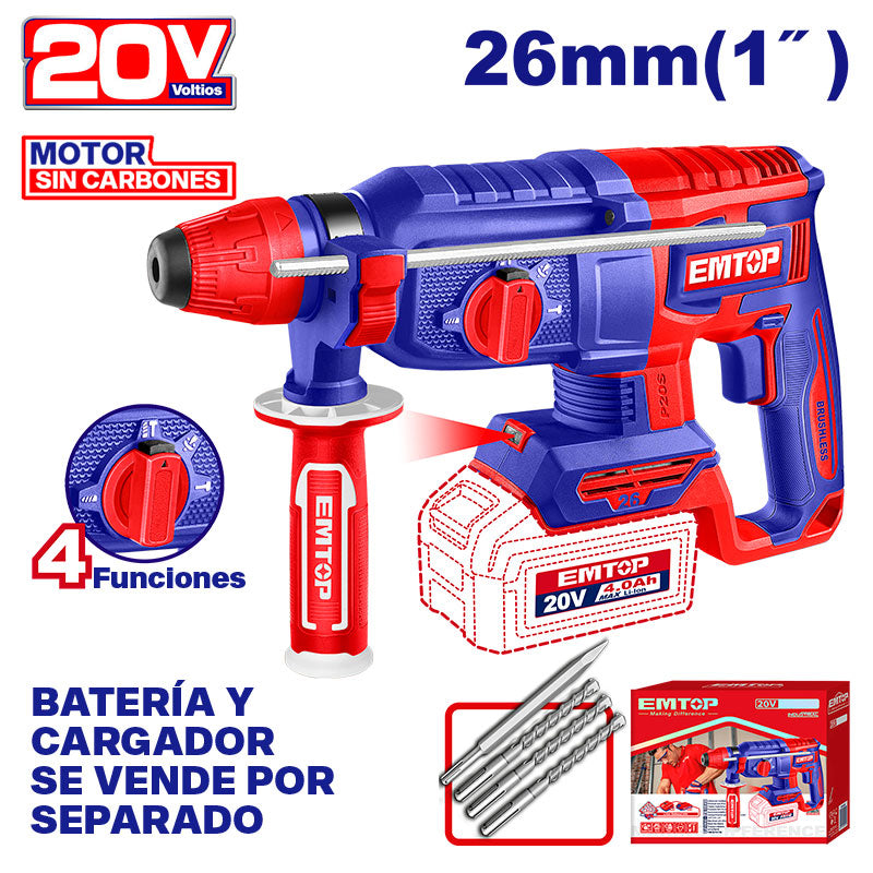 ROTOMARTILLO INALAMBRICO 20V. SDS PLUS, BRUSHLESS, 0-1100RPM, 2.5 JOULES, SIN BATERIA NI CARGADOR. EMTOP, ELRH26208