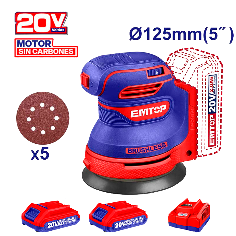Lijadora roto orbital inalámbrica de 5 plgs con 2 baterías y cargador Emtop ELROS2002