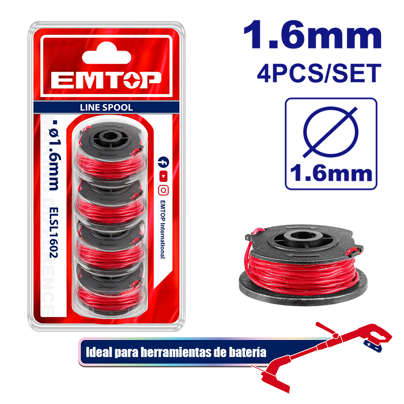 Carretes de hilo para chapeadora de 1.6 mm, set de 4, Emtop, ELSL1602