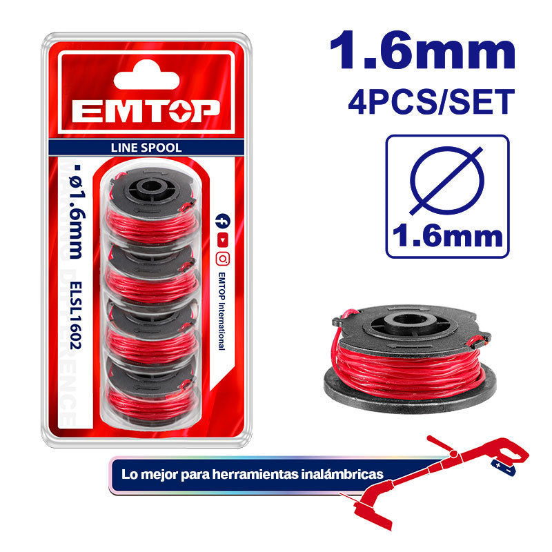Carretes de hilo para chapeadora de 1.6 mm, set de 4, Emtop, ELSL1602