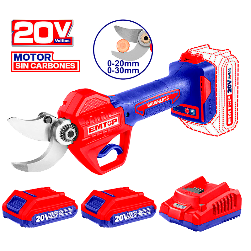 Cortadora de ramas de baterías 20 voltios con 2 baterías y cargador Emtop ELSL20305