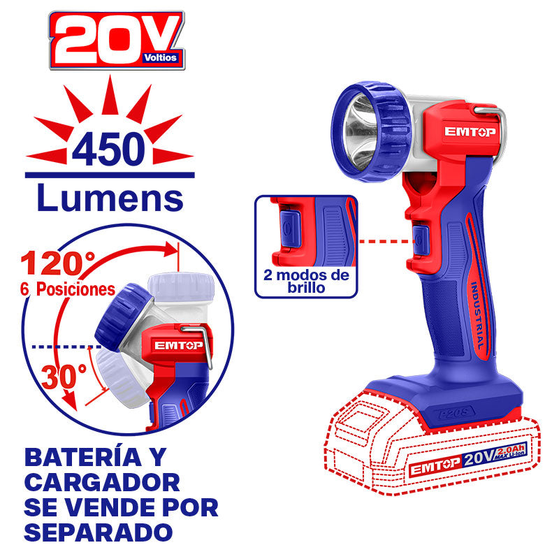 LAMPARA DE TRABAJO INALAMBRICA, 20V, LUMENES 450, SIN BATERIA NI CARGADOR, BARE TOOL. EMTOP, ELWLI2058