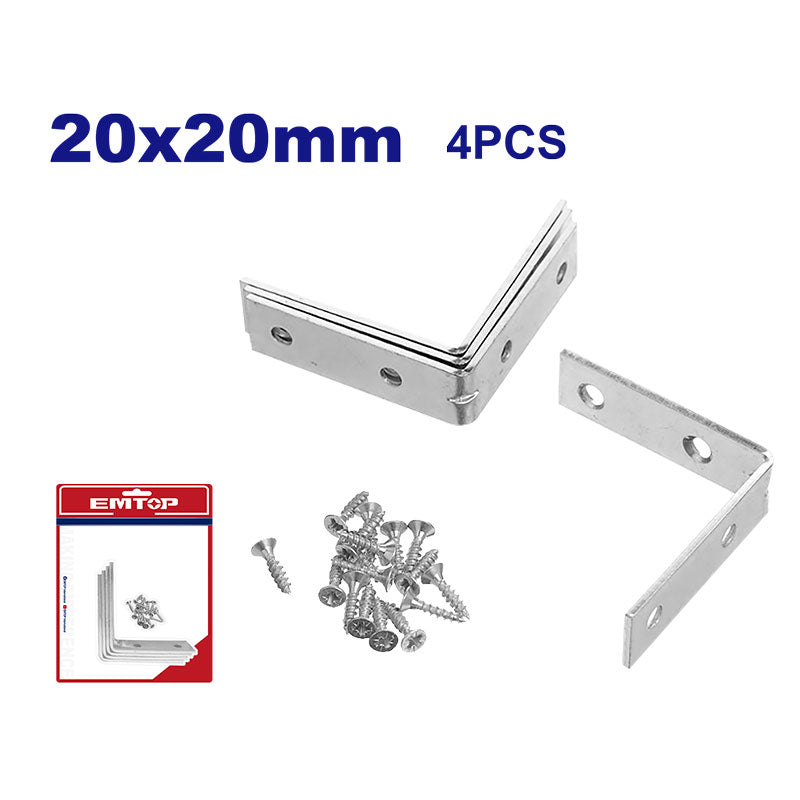 JUEGO DE 4 MENSULAS 2 X 2 CMS. GALVANIZADAS, INCLUYE TORNILLOS. EMTOP, EMCY2K20