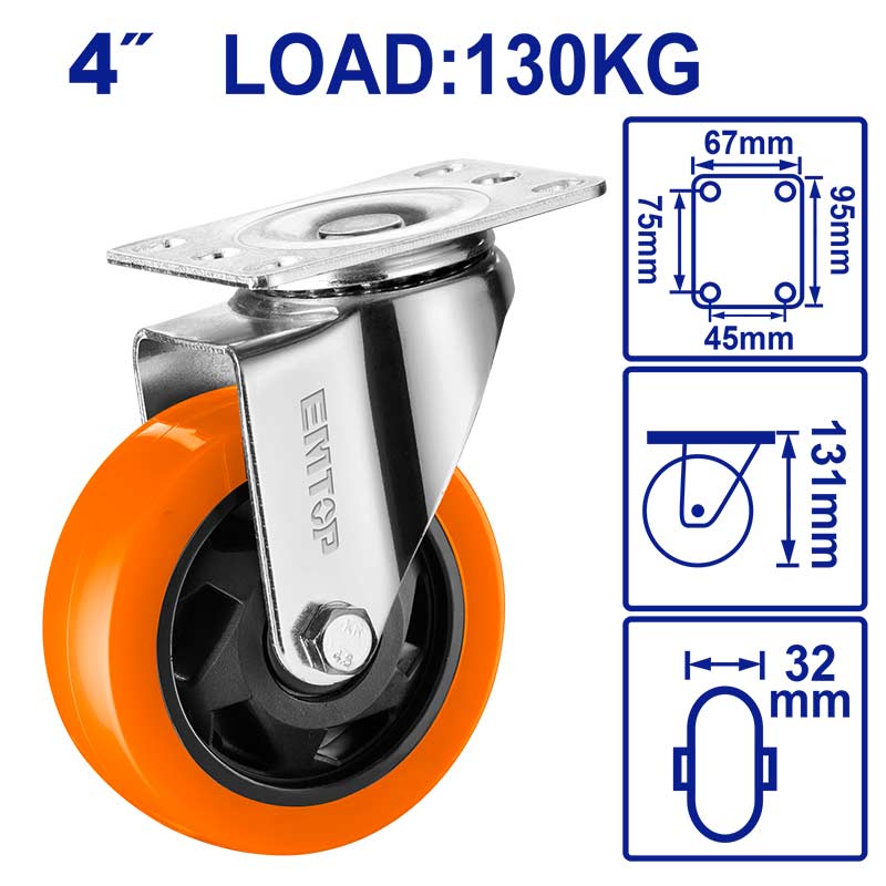 RUEDA GIRATORIA DE 4 PLG. CON CAPACIDAD DE 130KG. RUEDA DE PP, PVC Y PLACA GALVANIZADA. EMTOP, EMJL2342