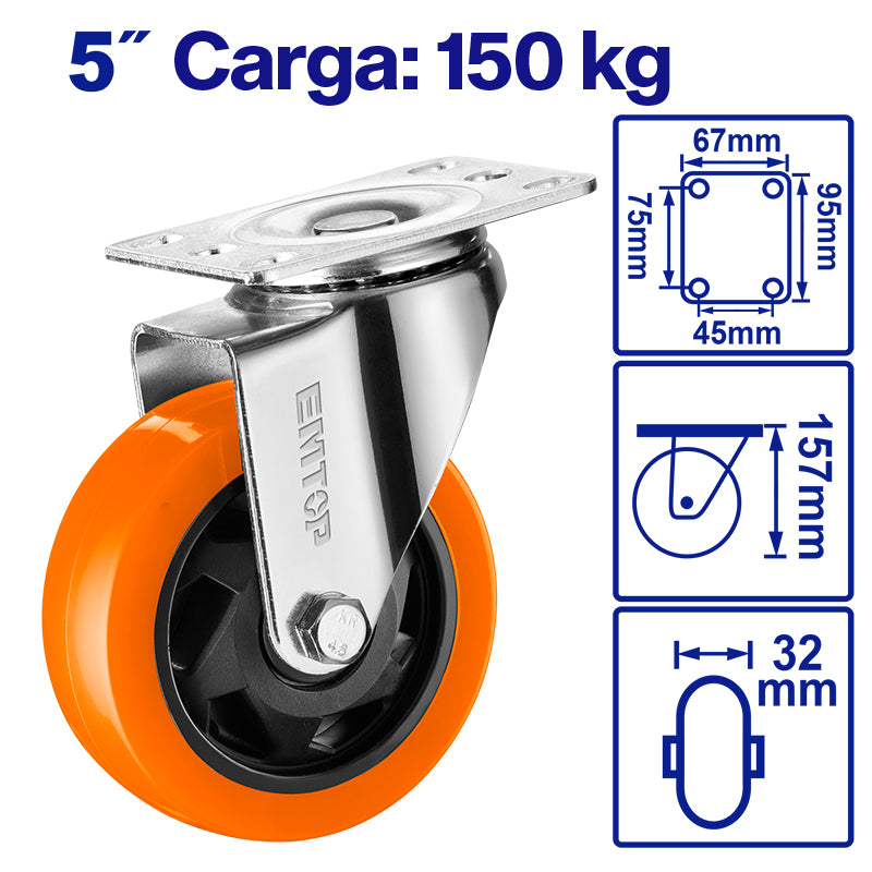RUEDA GIRATORIA DE 5 PLG, CAPACIDAD 150 KG, RUEDA DE PP Y PVC, PLACA GALVANIZADA. EMTOP, EMJL2352