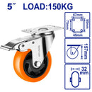 RUEDA GIRATORIA DE 5 PLG. CON FRENO Y CAPACIDAD DE 150KG. RUEDA DE PP, PVC Y PLACA GALVANIZADA. EMTOP