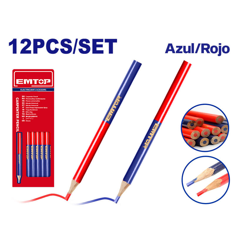 Lápiz de carpinero color rojo y azul, caja de 12 unidades, Emtop, EMMQ2512