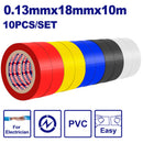 SET DE 10 PIEZAS CINTA AISLANTE PVC 10M X 18MM, ESPESOR 0.13MM, COLORES SURTIDOS. EMTOP