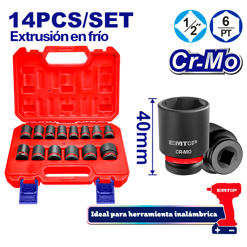 Juego de copas de impacto raiz 1/2 plg 14 unidades Emtop EMSSD12141