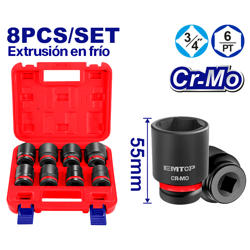 Juego de copas de impacto raiz 3/4 plg milimétricas Emtop EMSSD34081