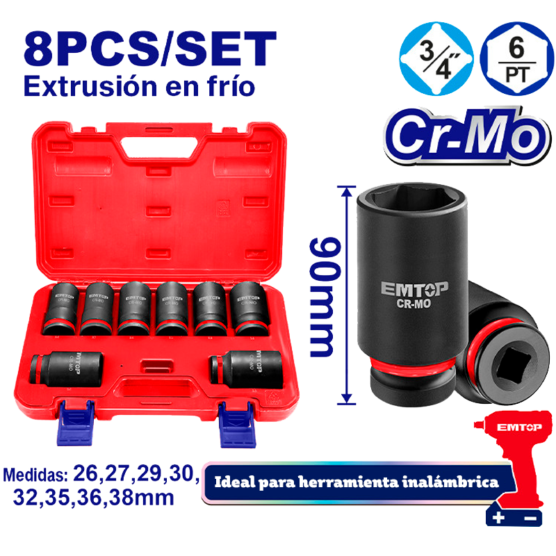 Juego de copas de impacto raiz 3/4 plg 8 unidades milimétricas Emtop EMSSD34082L