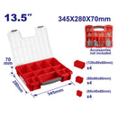 CAJA ORGANIZADORA DE PLASTICO, 13.5 PLG. 12 COMPARTIMENTOS REMOVIBLES, MEDIDA 345 X 280 X 70 MM. EMTOP