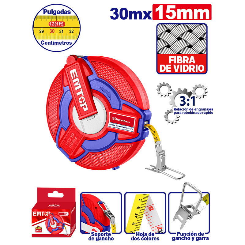 CINTA METRICA FIBRA DE VIDRIO DE 30 MTS, 98 PIES. EMTOP, EMTP1830