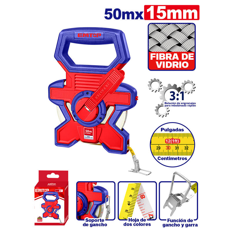 CINTA METRICA FIBRA DE VIDRIO DE 50 MTS DE LARGO, 15MM DE ANCHO. EMTOP, EMTP1850