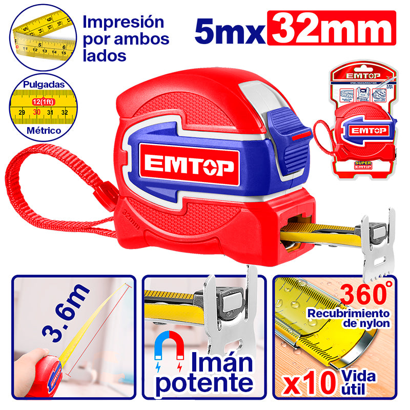 CINTA METRICA DE 5M X 32MM DE IMPRESIÓN DOBLE, PUNTA MAGNÉTICA, EMTOP, EMTP80532