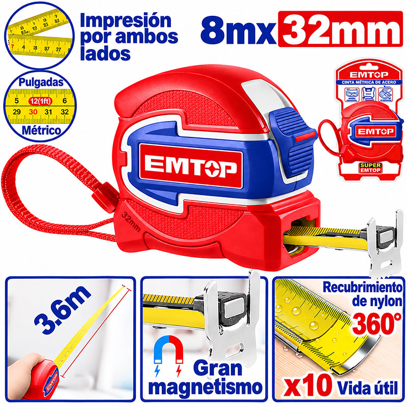 CINTA METRICA DE ACERO 8 MTS X 32 MM. IMPRESION DOBLE CARA, GANCHO MAGNETICO, ESCALA MM Y PLG. EMTOP, EMTP80832