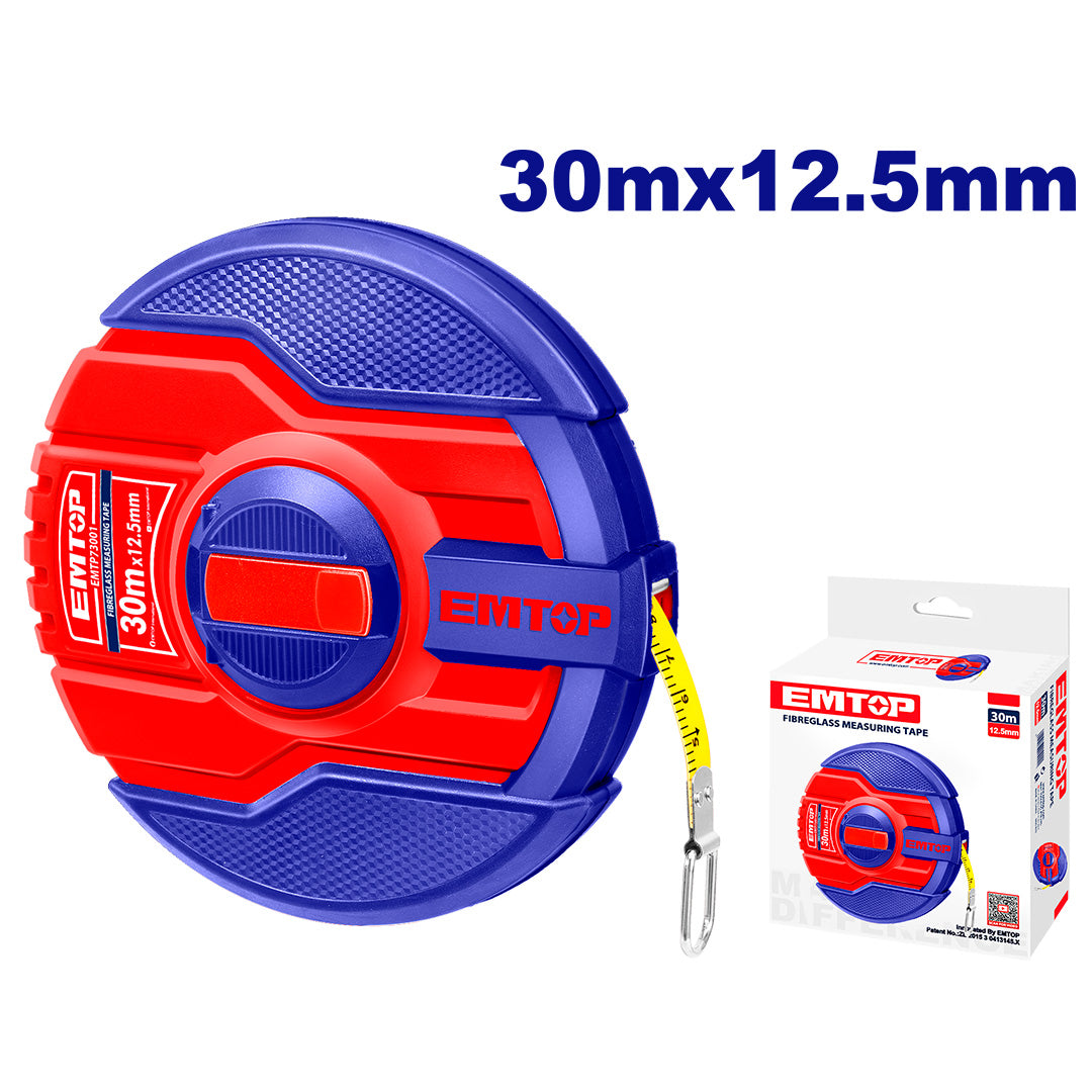 CINTA METRICA FIBRA DE VIDRIO DE 30 MTS, 98 PIES. MARCA EMTOP, EMTP83001