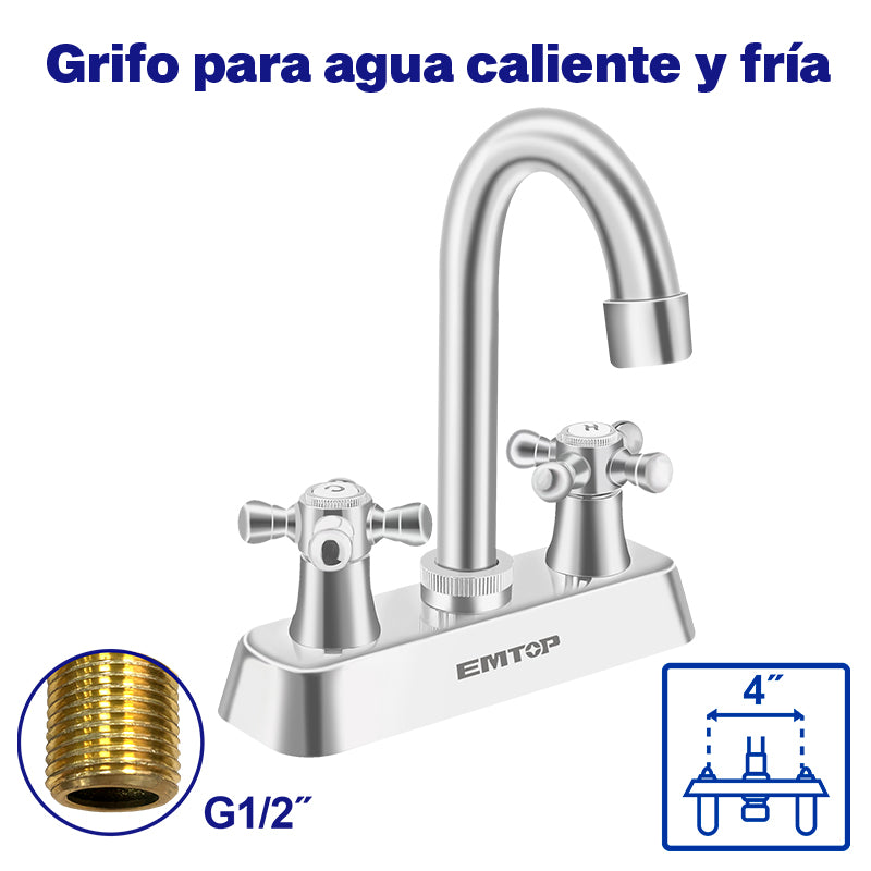 GRIFO MEZCLADOR PARA LAVAMANOS DE 4 PLGS, DE LATON Y MANIJA PLASTICA, EMTOP, EMZD1517
