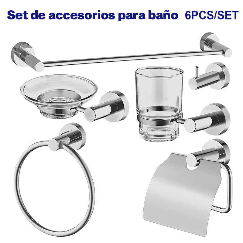 JUEGO DE ACCESORIOS PARA BAÑO 6 PIEZAS. CUERPO DE ALEACION DE ZINC Y ACERO INOXIDABLE. EMTOP, EMZG1516