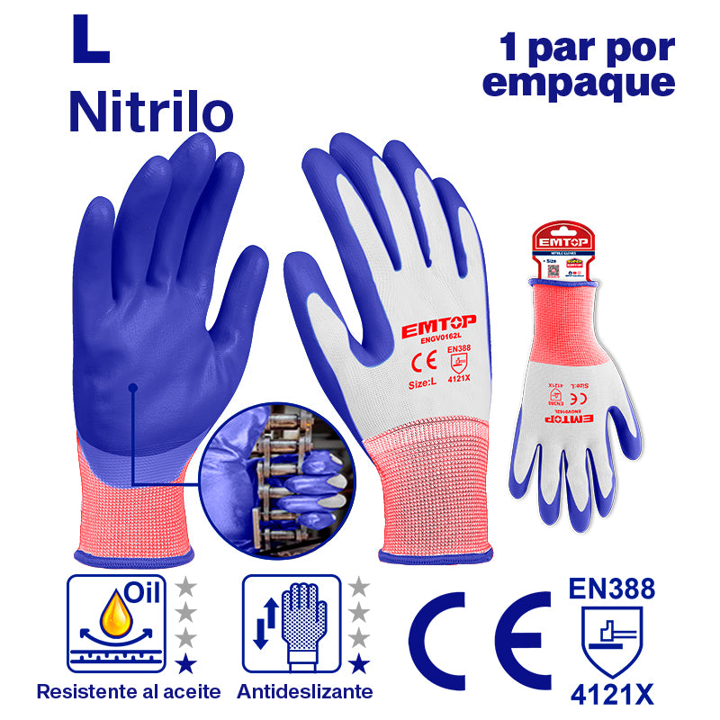 GUANTES DE NITRILO Y POLIESTER, RESISTENTE A ACEITE Y DESGASTE, TALLA L. EMTOP, ENGV0162L