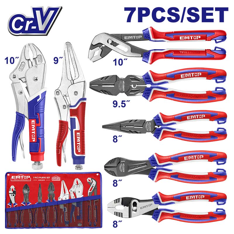 KIT DE 7 PINZAS, ALICATES Y VICE GRIP, PARA CORTAR Y SUJETAR, CON BOLSA DE LONA. EMTOP, EOS23055