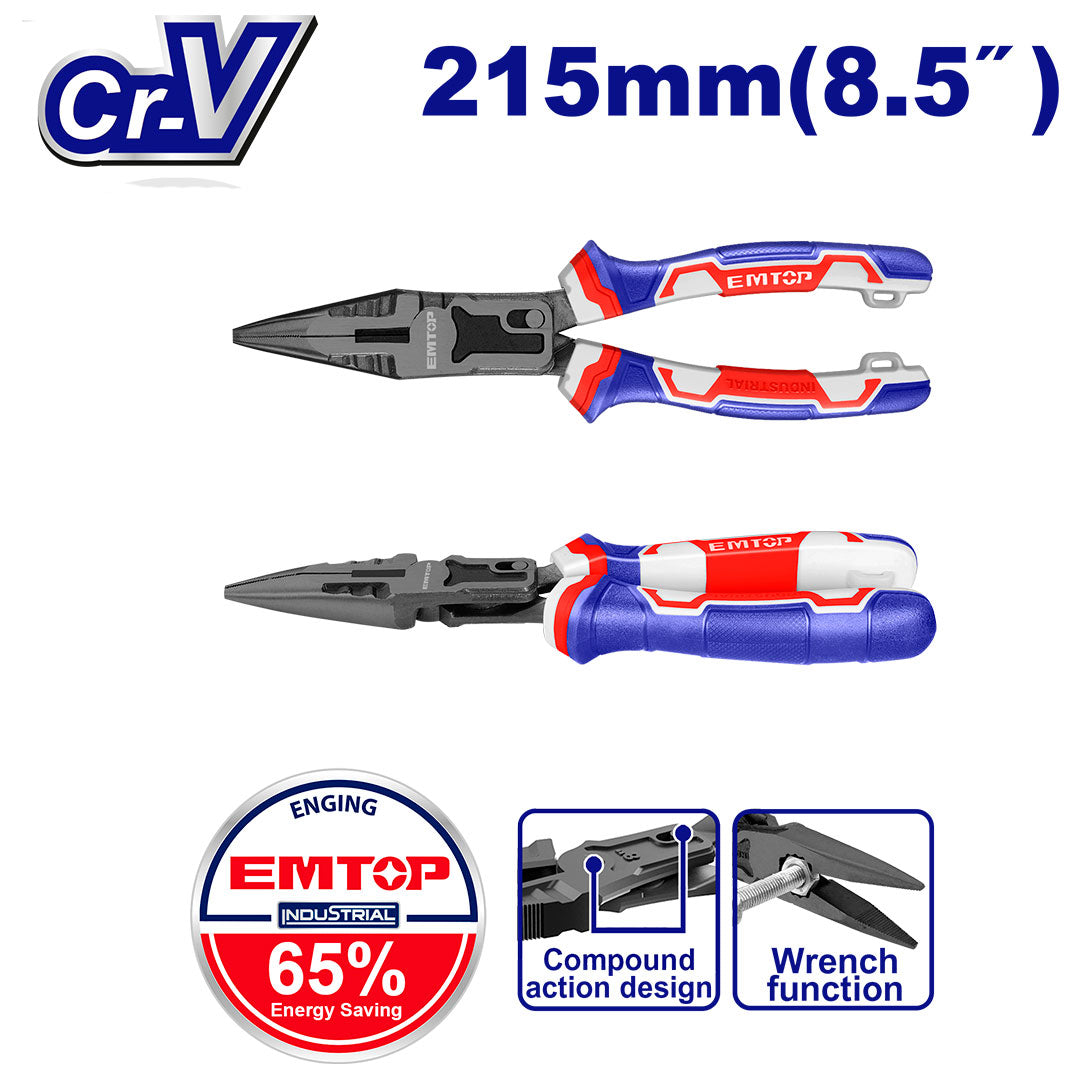 ALICATE PUNTA LARGA 8.5 PULG, MATERIAL CR-V, REVESTIMIENTO DE TEFLON, MANGO TPR DE 3 COLORES AGARRE FUERTE, COMODO.EMTOP, EPLRCL0851