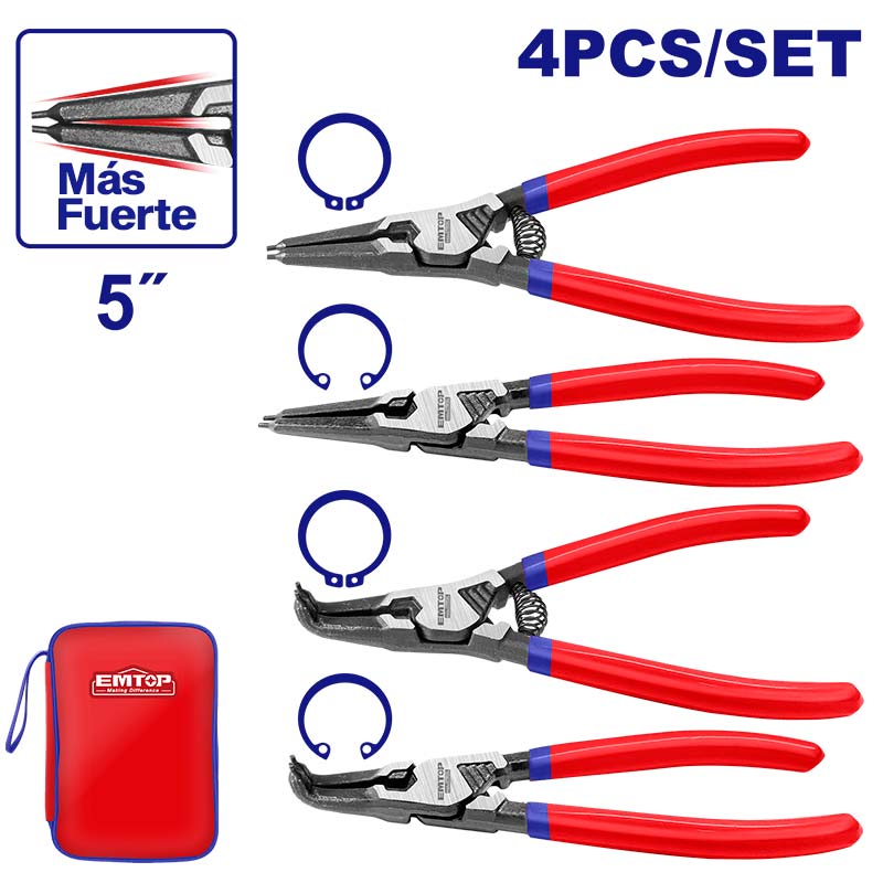 JUEGO DE 4 ALICATES SACA SEGUROS DE 5 PULGADAS, CON ESTUCHE. MARCA EMTOP, EPLSC5411
