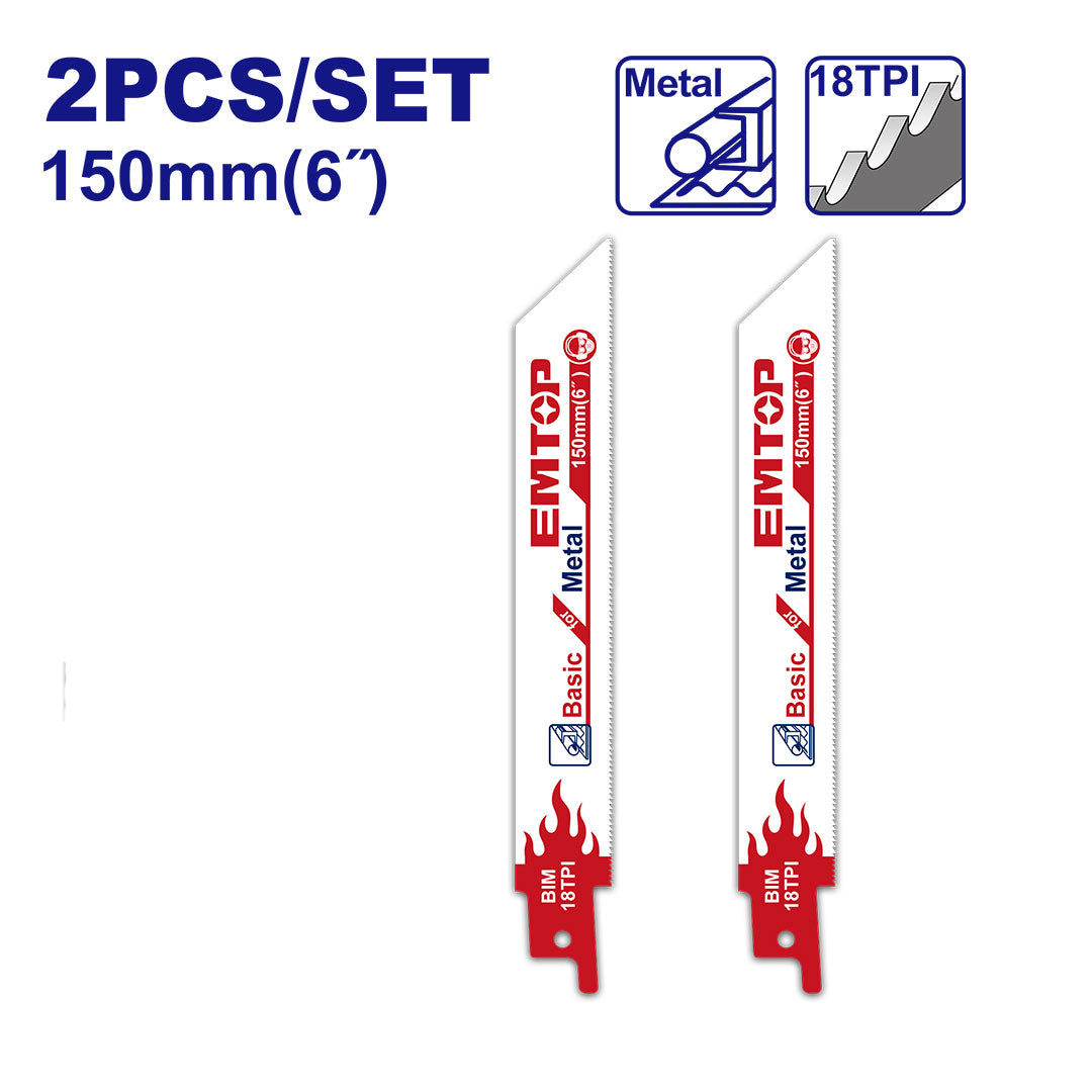 SET DE 2 HOJAS DE SIERRA SABLE, SEGUETA CORTE EN METAL 18 TPI X 6 PULGADAS DE LARGO. MARCA EMTOP, ERSB922EF