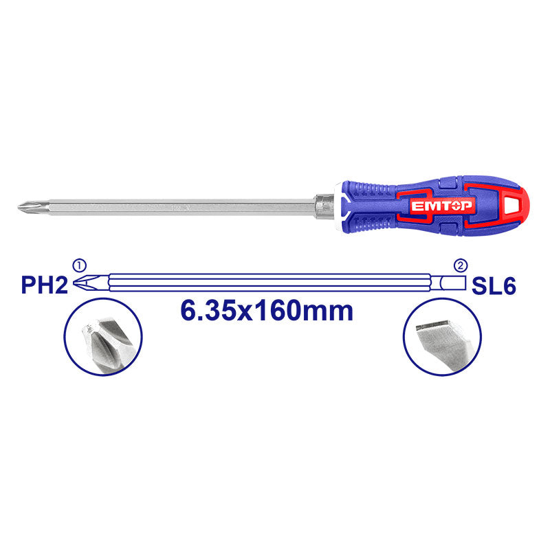 JUEGO DE DESARMADOR 2 EN 1 PUNTA INTERCAMBIABLE DE 160 MM DE LARGO UN LADO PH2 Y EL OTRO PLANA NO.6. MARCA EMTOP, ESDRH0202