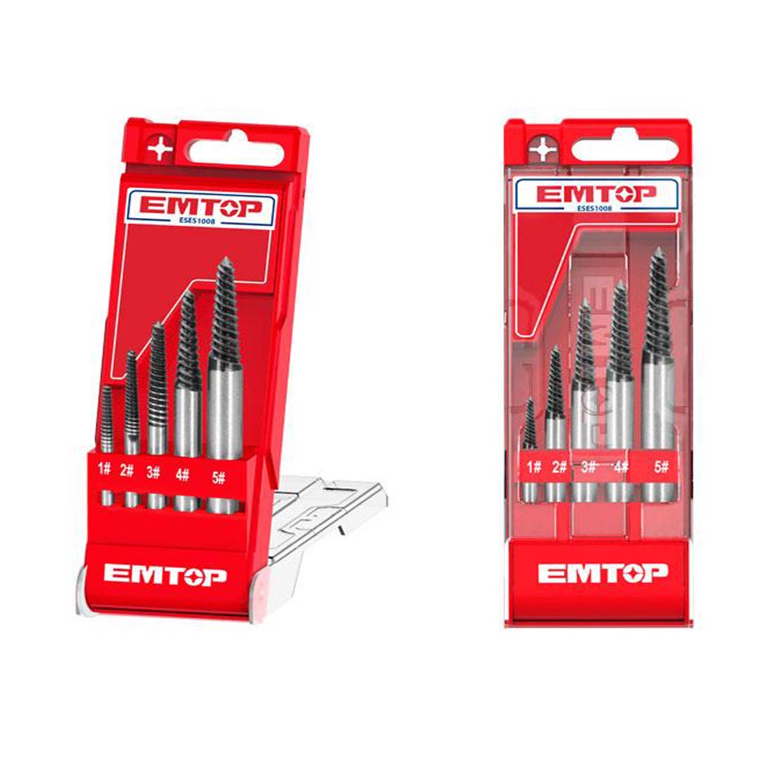 JUEGO DE 5 EXTRACTORES DE TORNILLOS, MEDIDA DE No.1 AL No.5, CON CAJA PLASTICA. MARCA EMTOP, ESES1008