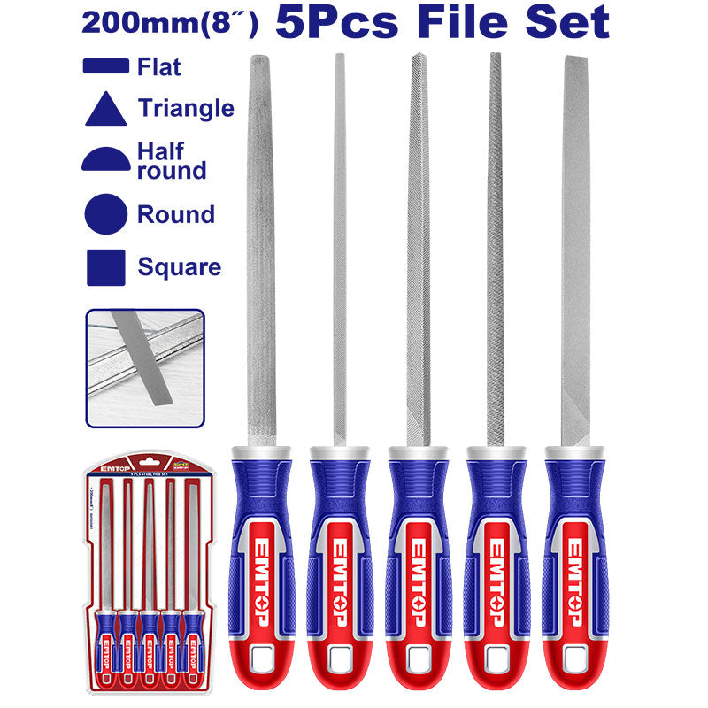 SET DE 5 LIMAS 8 PLG, INCLUYE PLANA, MEDIA CAÑA, REDONDA, TRIANGULAR Y CUADRADA, IDEALES PARA TRABAJO EN METAL, EMTOP, ESFSS0501