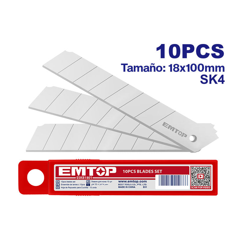 Repuestos para cuchilla de 18mm, quebrable, 10 piezas, Emtop, ESKB1801