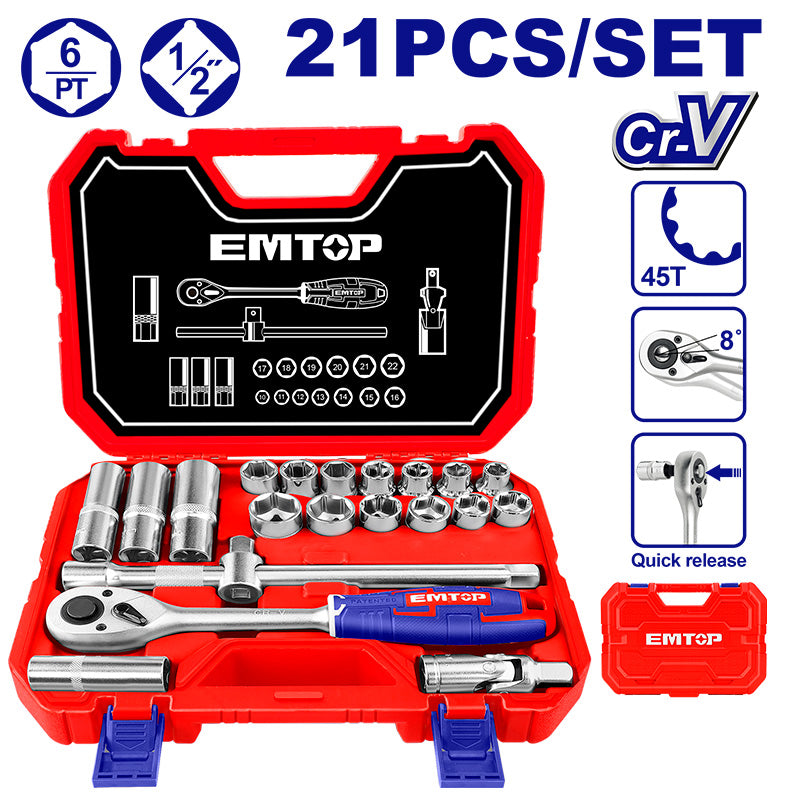 Juego de copas con ratch, raíz 1/2 plgs, 21 piezas, Emtop, ESKT12211