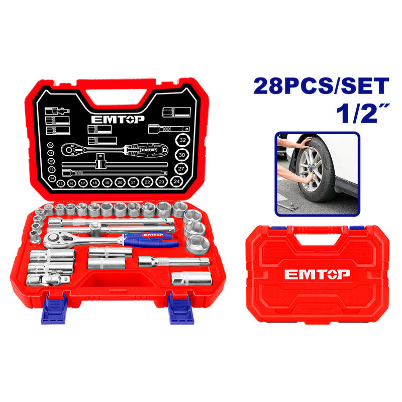 Juego de copas con ratch, raíz 1/2 plgs, 28 piezas, Emtop, ESKT12281