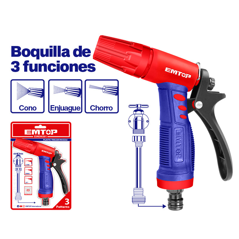 PISTOLA PLASTICA PARA MANGUERA, 3 MODOS DE RIEGO, MANGO TPR, GATILLO DE NYLON, EMTOP, ESNE10301