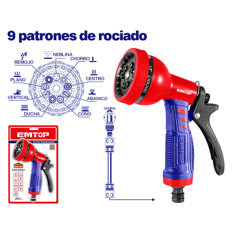 PISTOLA PLASTICA PARA MANGUERA, 9 MODOS DE RIEGO, MANGO TPR, GATILLO DE NYLON, EMTOP, ESNE10901