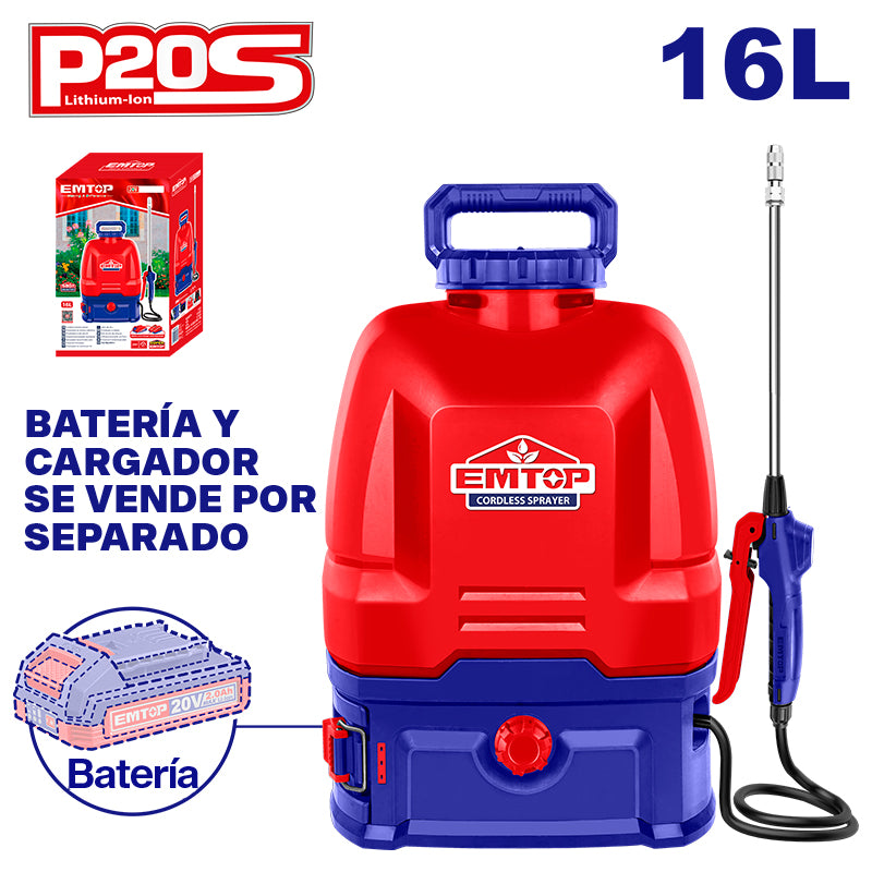FUMIGADORA INALAMBRICA 16L, 20V, 72 PSI, 2 VELOCIDADES, CON LANZA DE ACERO Y TANQUE DE POLIETILENO. EMTOP, ESPLI2016