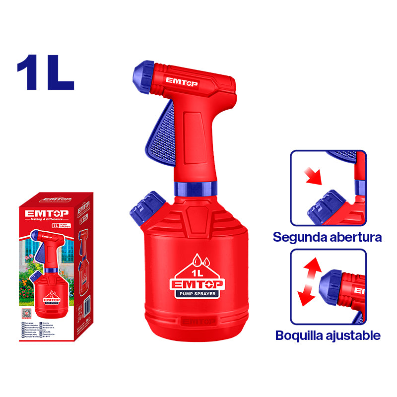 ATOMIZADOR DE 1 LITRO, PLASTICO. BOQUILLA AJUSTABLE Y NIVEL INDICADOR. EMTOP, ESPP30102