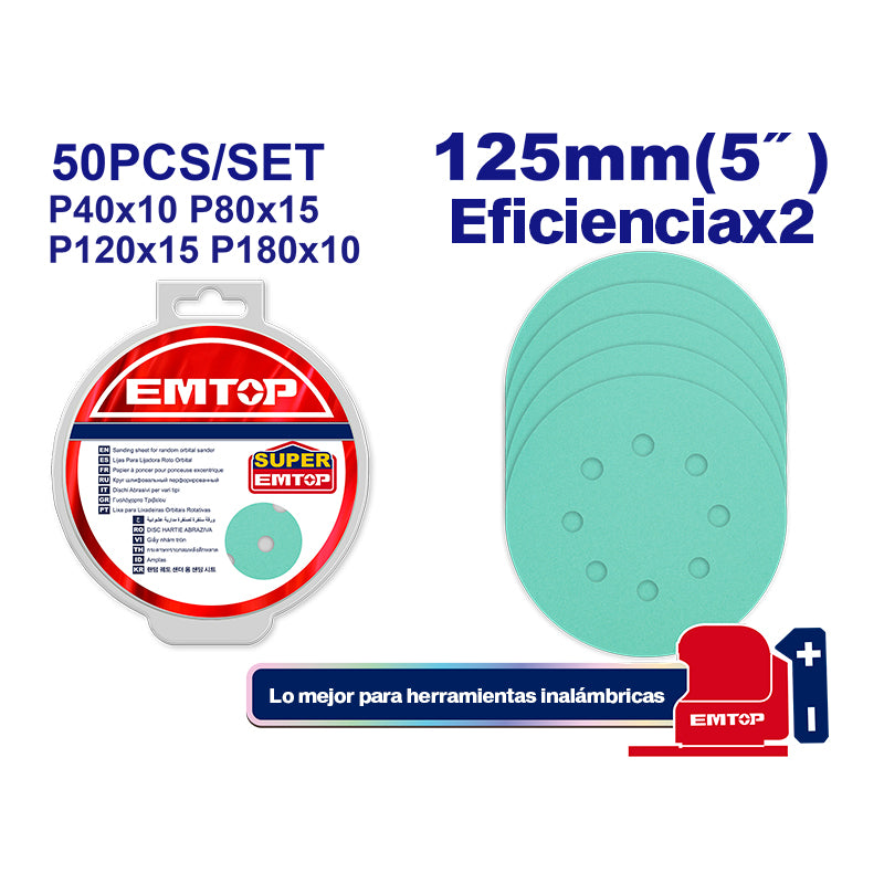 Lija de 5 pulgadas para lijadora roto orbital, set de 50 lijas, Emtop, ESPR125050