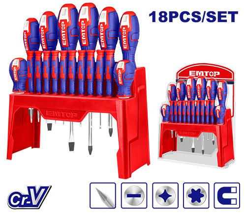 JUEGO DE 18 DESTONILLADORES, 4 PLANOS 4 PHILLIPS Y 10 DE PRESICION CON ORGANIZADOR PLASTICO. MARCA EMTOP, ESST1802