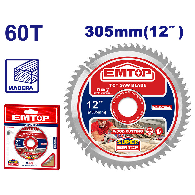 DISCO CARBURO DE TUNGSTENO 12 PLG, 60 DIENTES, PARA CORTE DE MADERA, EJE 30MM, INCLUYE REDUCTORES 16MM Y 25.4MM, EMTOP, ETCT1305601
