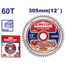 DISCO CARBURO DE TUNGSTENO 12 PLG, 60 DIENTES, PARA CORTE DE MADERA, EJE 30MM, INCLUYE REDUCTORES 16MM Y 25.4MM, EMTOP