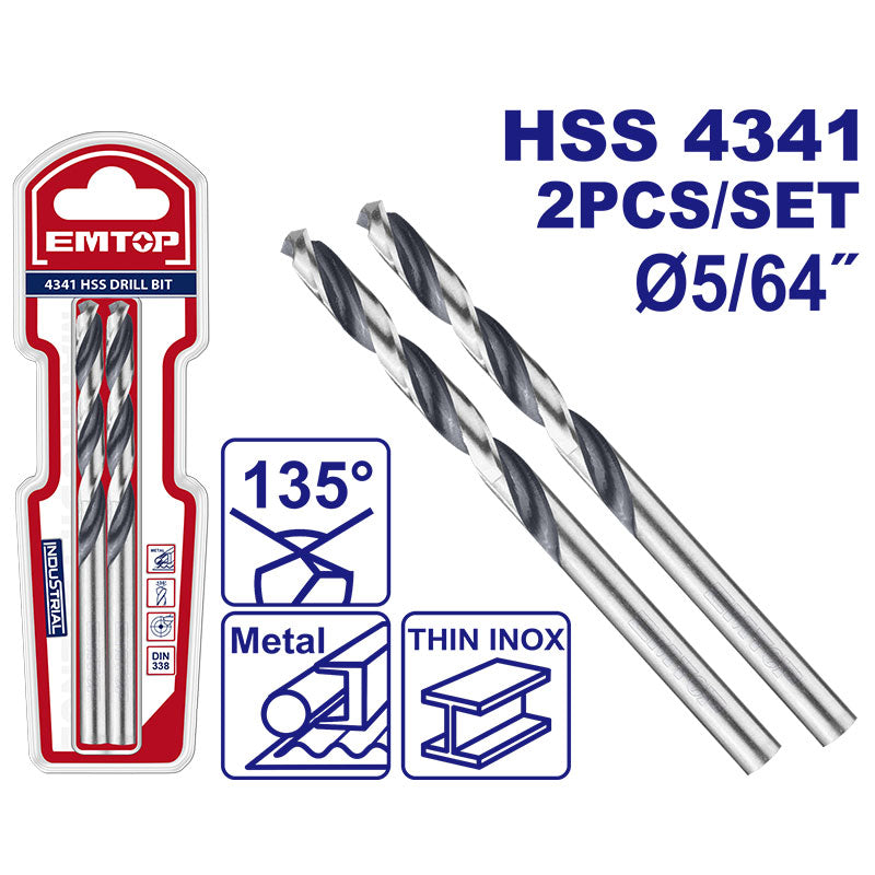BROCA PARA METAL Y MADERA 5/64 PLG, ACERO RAPIDO HSS, PUNTA 135 GRADOS, EMTOP, ETDB316502