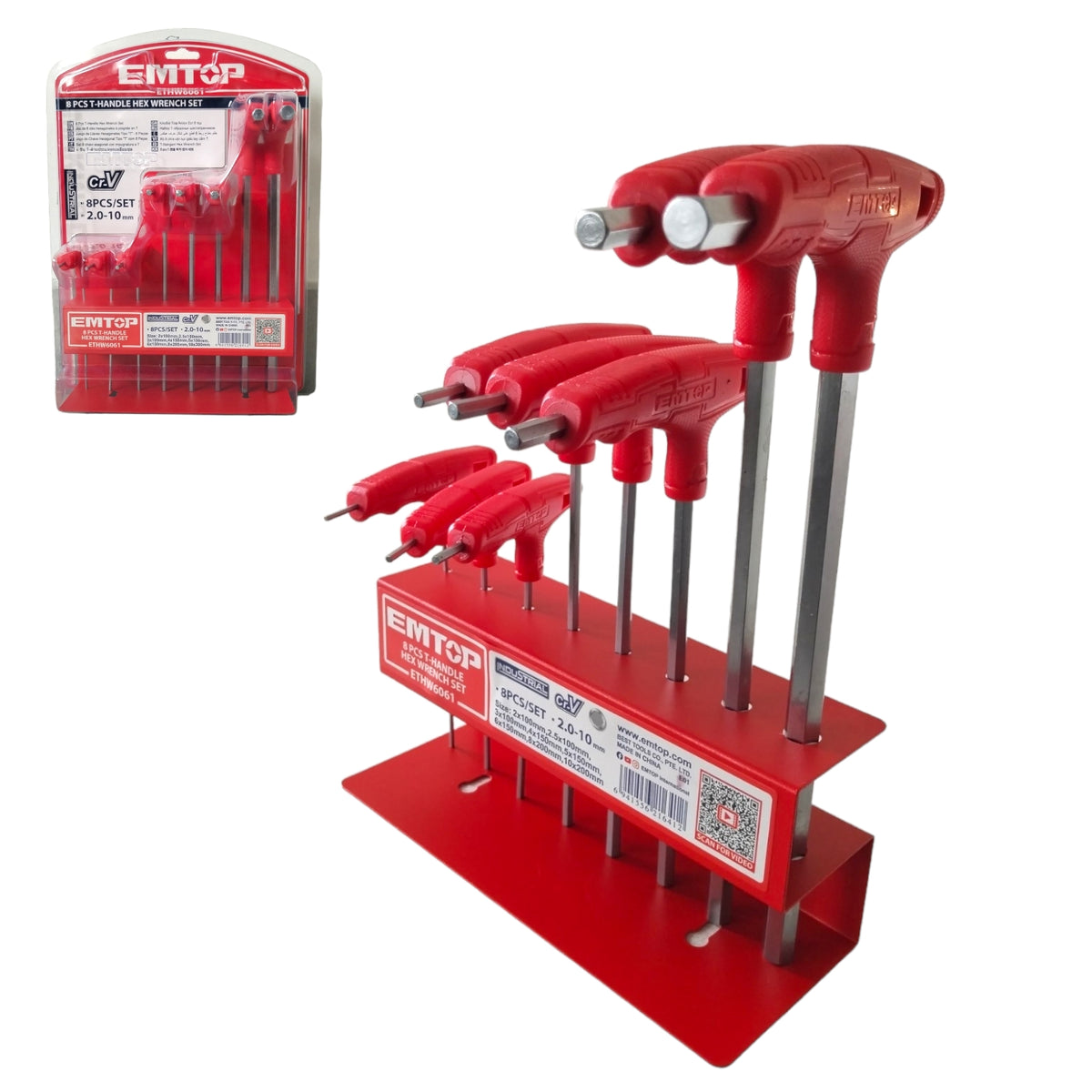 JUEGO DE 8 LLAVES ALLEN CON MANGO EN T, CROMO VANADIO, CON ORGANIZADOR. MARCA EMTOP, ETHW6061