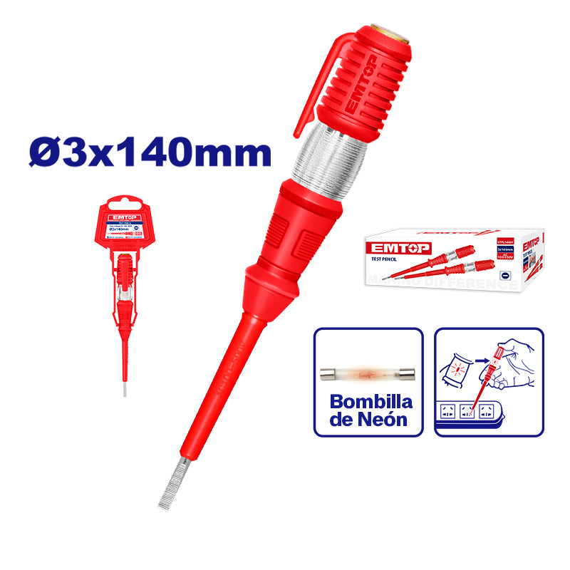 PROBADOR DE CORRIENTE TIPO DESARMADOR PLANO 3X140MM 100-500 VOLTIOS. MARCA EMTOP, ETPL14001