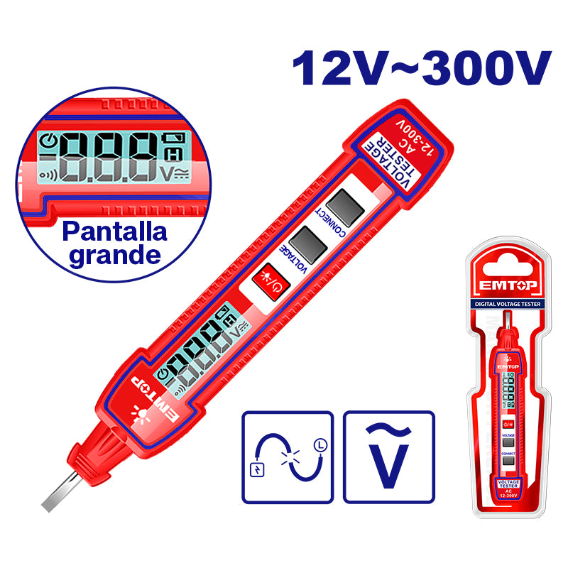 TESTER DIGITAL 12-300V LCD, ALARMA SONORA, LUMINOSA, AUTOAPAGADO, PILA AAA. EMTOP, ETPL33001